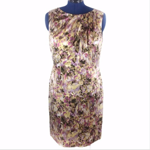 Tahari 12‎ 100% silk tan pink floral flutter neckline sleeveless sheath dress
